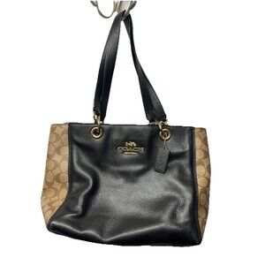 COACH Jes Tote In Leather Signature Canvas Khaki BLACK #80810 Purse Handbag EUC